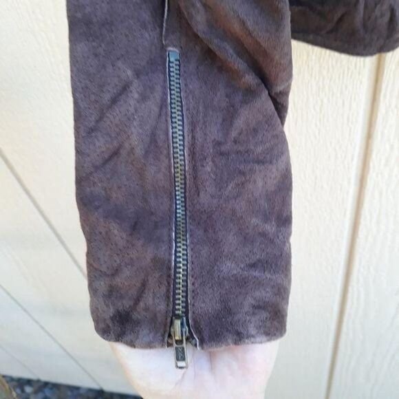 Isaac Mizrahi Leather Suede Jacket Moto Distressed Crinkle Textured Brown Sz M - Picture 9 of 14